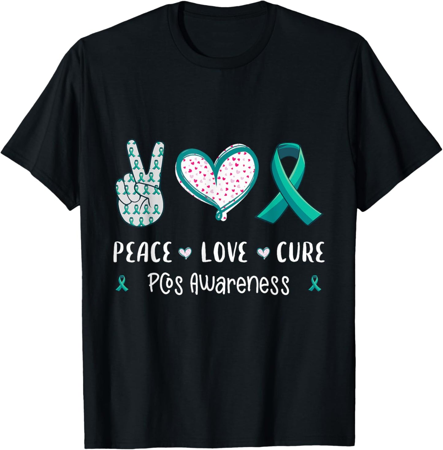 Peace Love cure Pcos awareness men women kids Pcos syndrome T-Shirt - T-Shirt | Black
