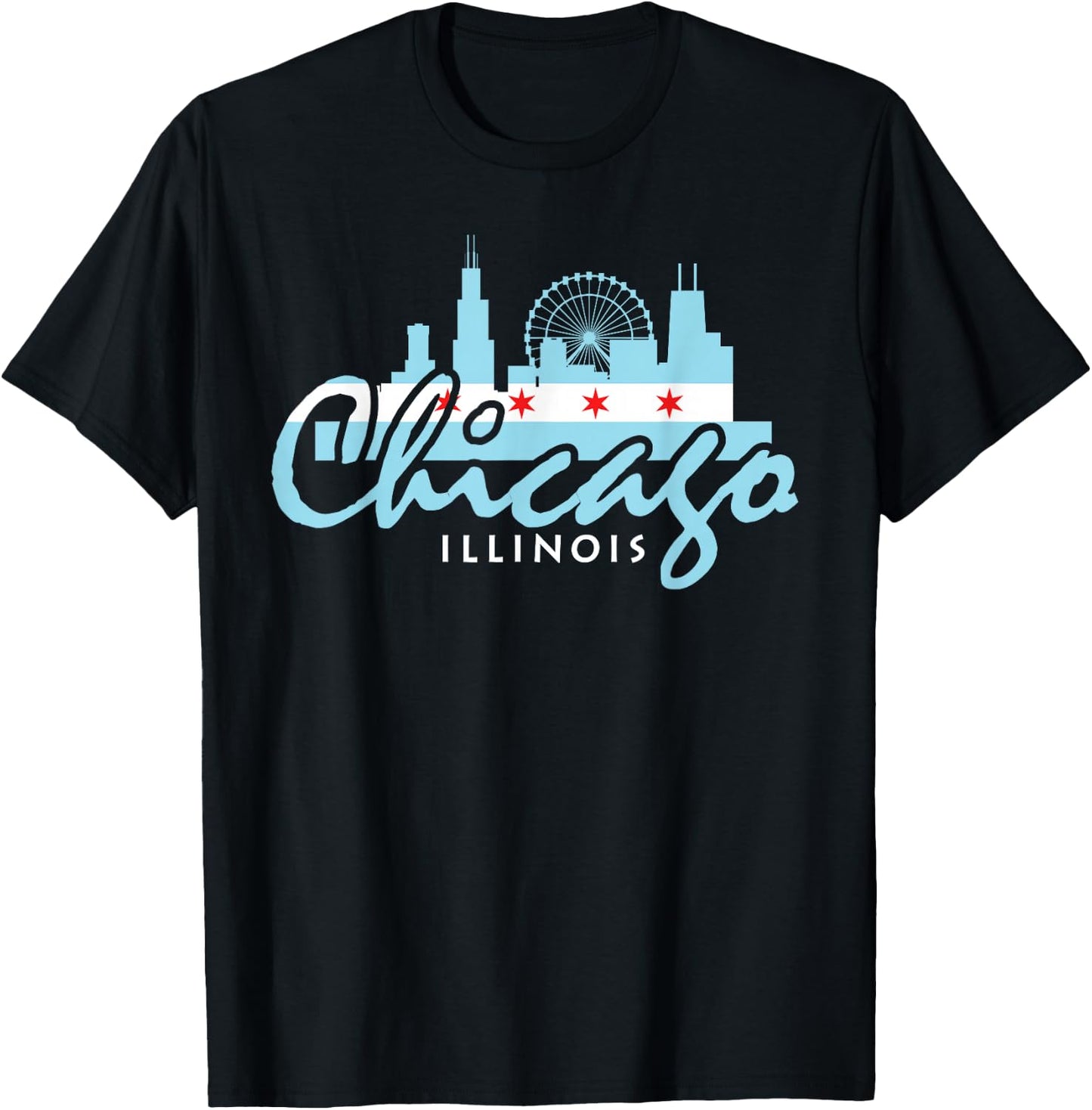 Chicago Illinois Flag Vintage Skyline Shirt Men Women T-Shirt - T-Shirt | Black