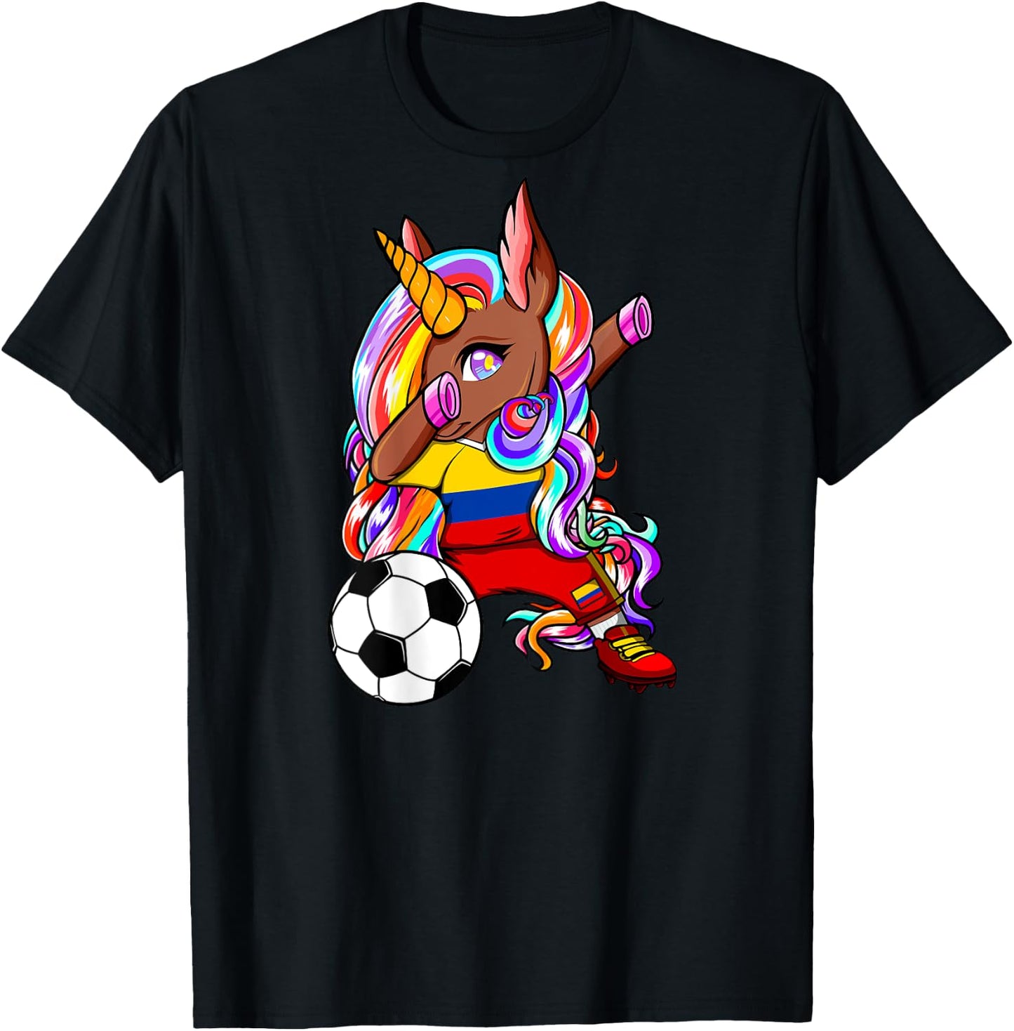 Dabbing Brown Skin Unicorn Colombia Soccer Lovers Football T-Shirt - T-Shirt | Black