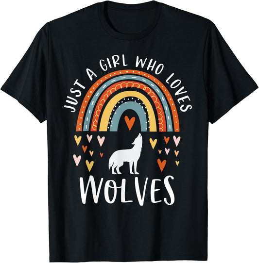 Just A Girl Who Loves Wolves Rainbow Gifts For Wolf Lover T-Shirt - T-Shirt | Black