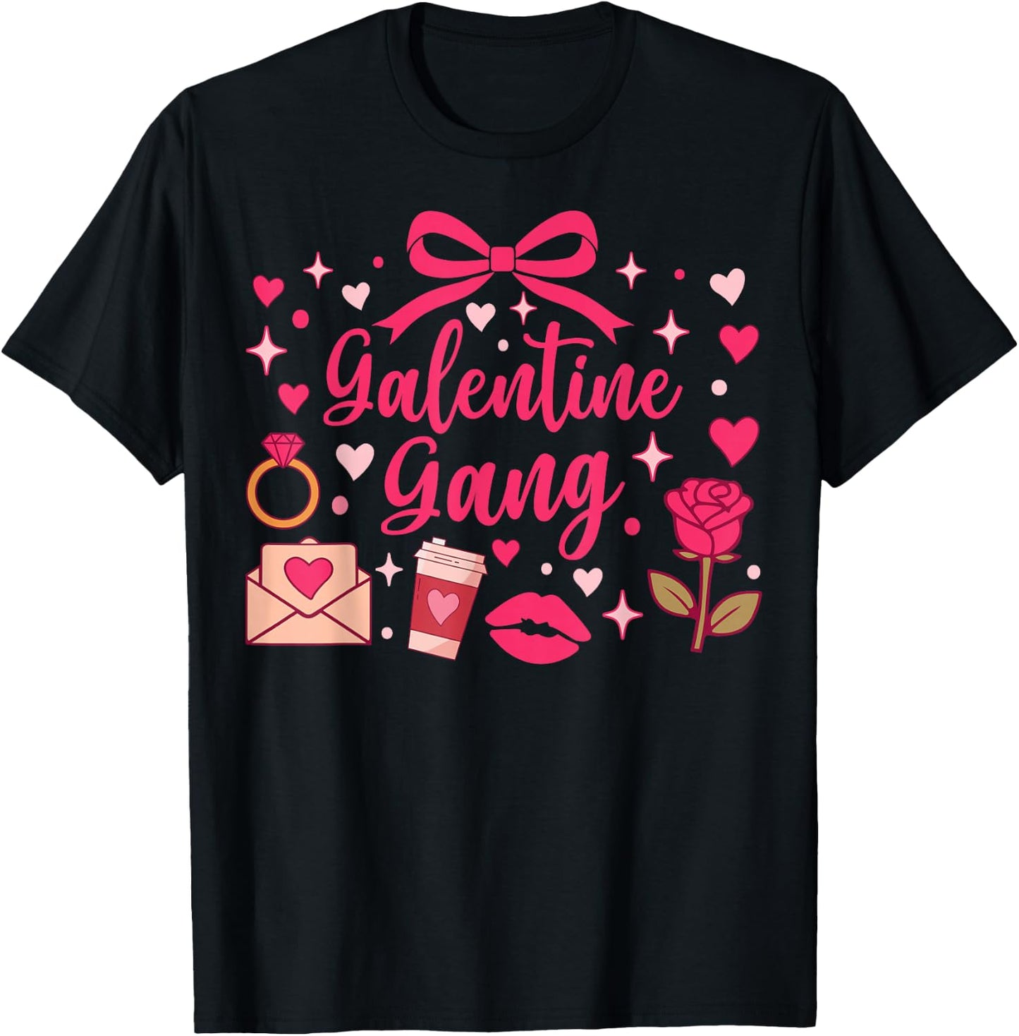 Galentine Gang Coquette Bow Aesthetic Pink Hearts T-Shirt - T-Shirt | Black