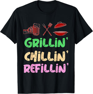 Grilling Chilling Refilling Funny Barbecue & Drinking Party T-Shirt - T-Shirt | Black