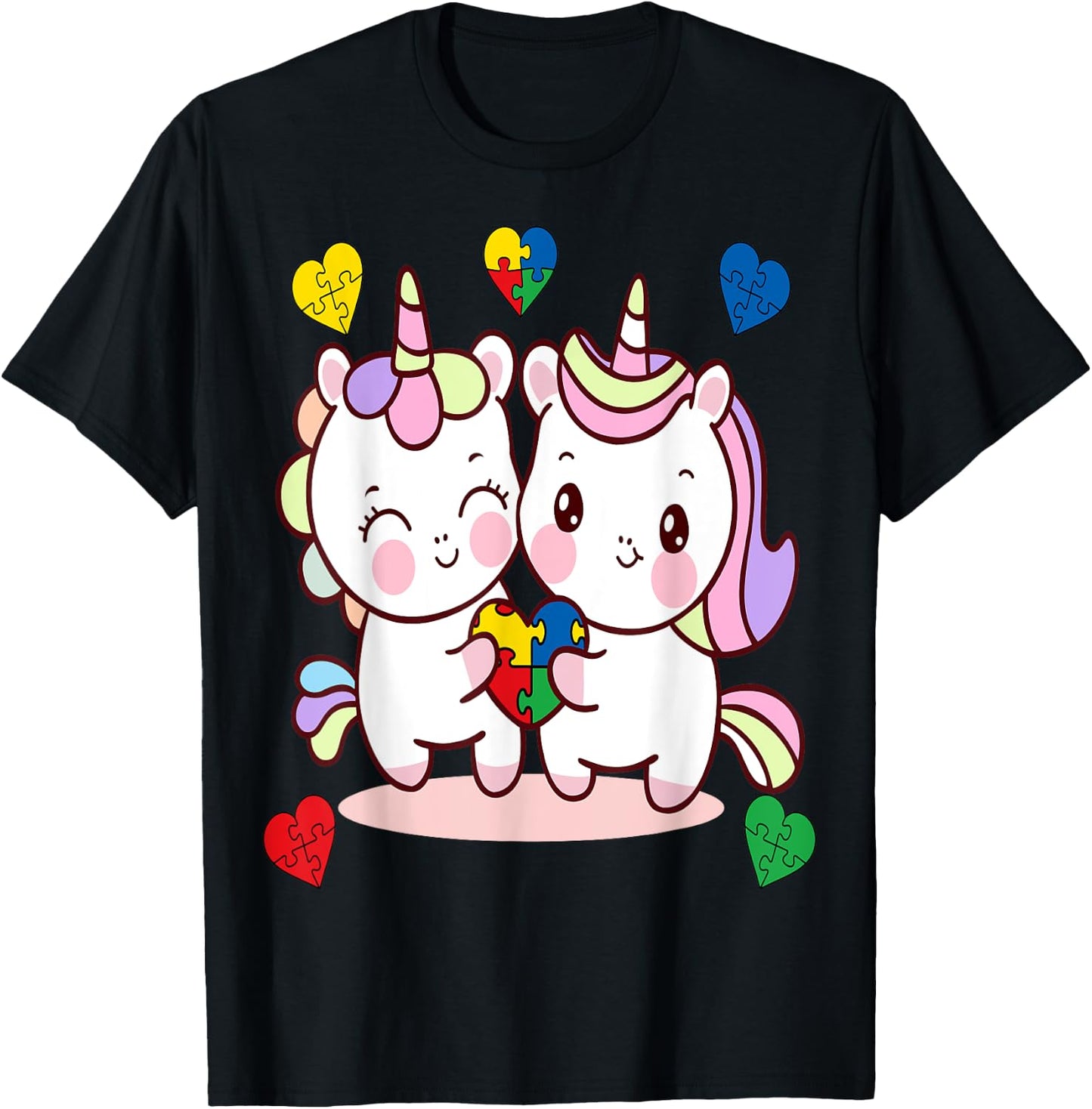 Unicorn Heart Puzzle Piece Autism Awareness Cute Girls T-Shirt - T-Shirt | Black