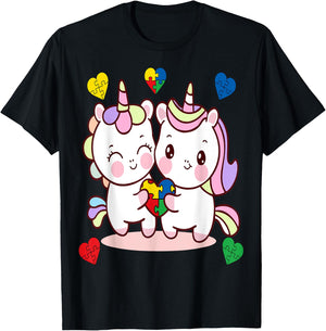 Unicorn Heart Puzzle Piece Autism Awareness Cute Girls T-Shirt - T-Shirt | Black