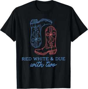 Red White and Due Pregnancy Announcement Twin Cowboy Western T-Shirt - T-Shirt | Black