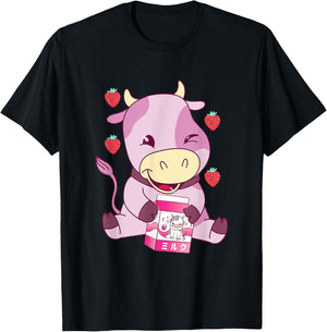 Strawberry Milk Pink Cow Japanese Strawberry Milk Shake T-Shirt - T-Shirt | Black