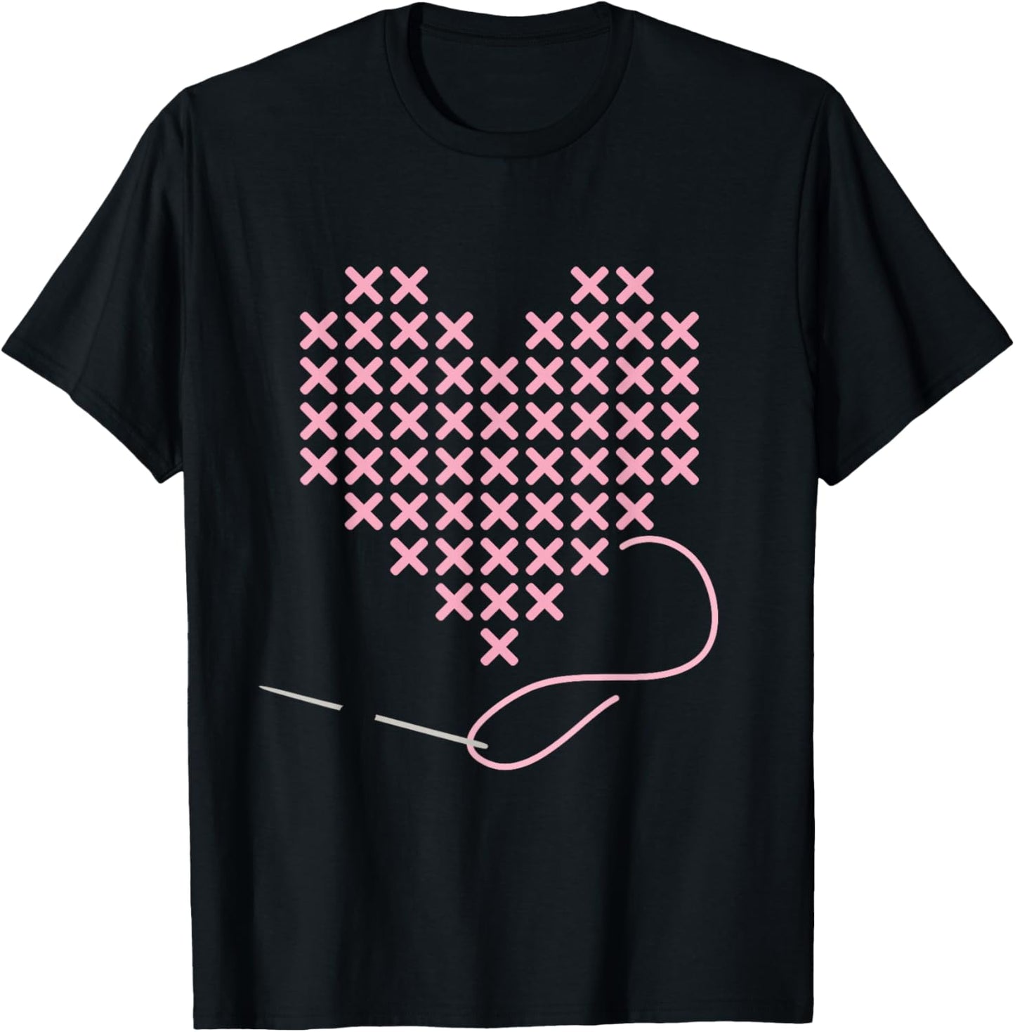 I love Cross Stitch Heart and Needle in Pink T-Shirt - T-Shirt | Black