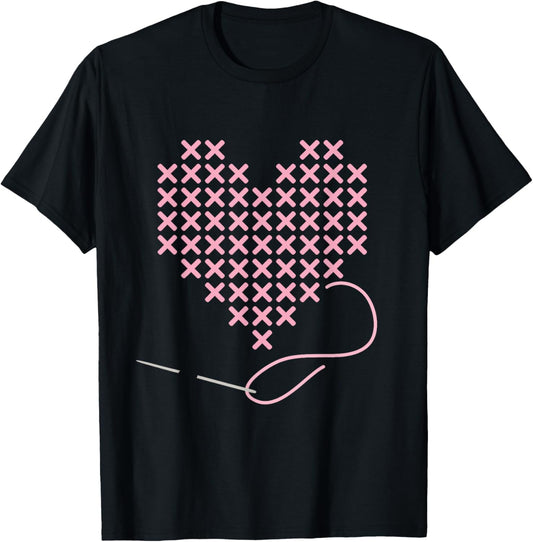 I love Cross Stitch Heart and Needle in Pink T-Shirt - T-Shirt | Black