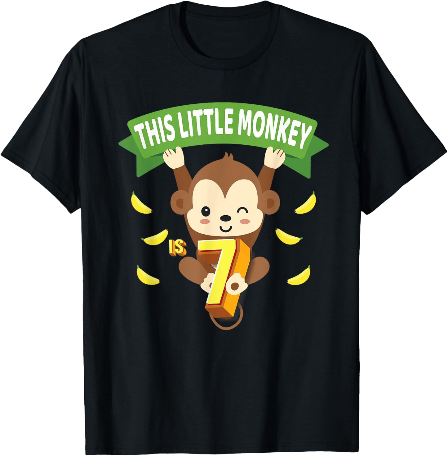 This Little Monkey Is 7 Years Old Kid 7th Birthday Monkeys T-Shirt - T-Shirt | Black