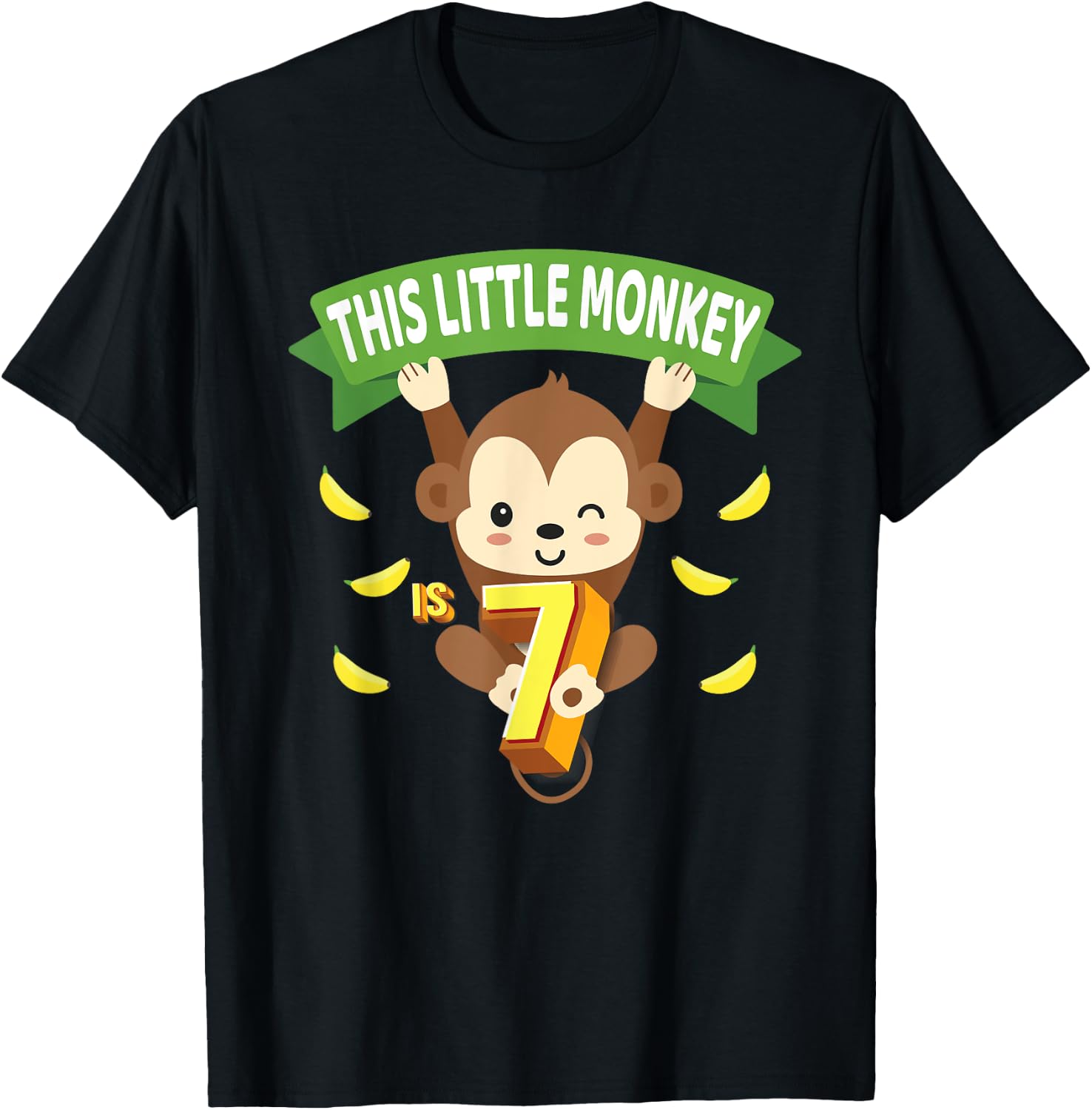 This Little Monkey Is 7 Years Old Kid 7th Birthday Monkeys T-Shirt - T-Shirt | Black