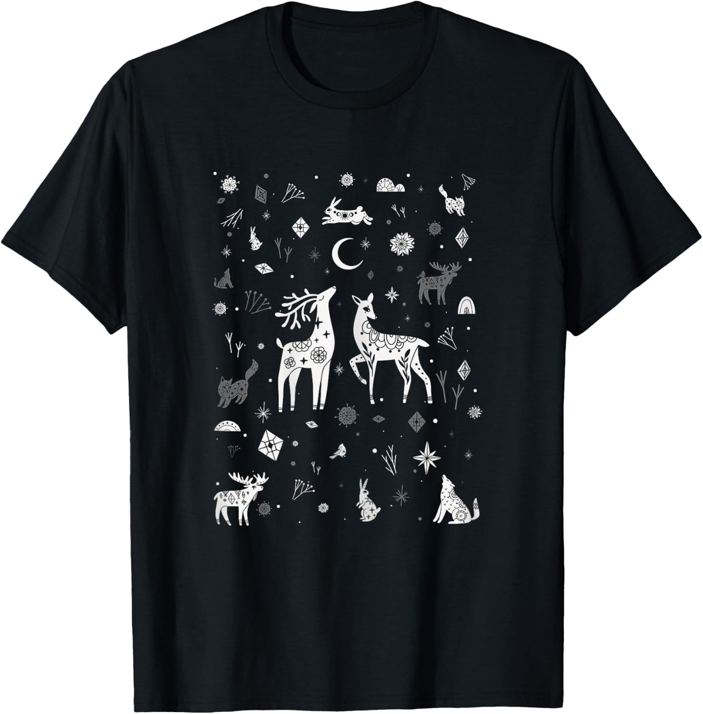 Winter Solstice Christmas woodland creatures Doodle T-Shirt - T-Shirt | Black