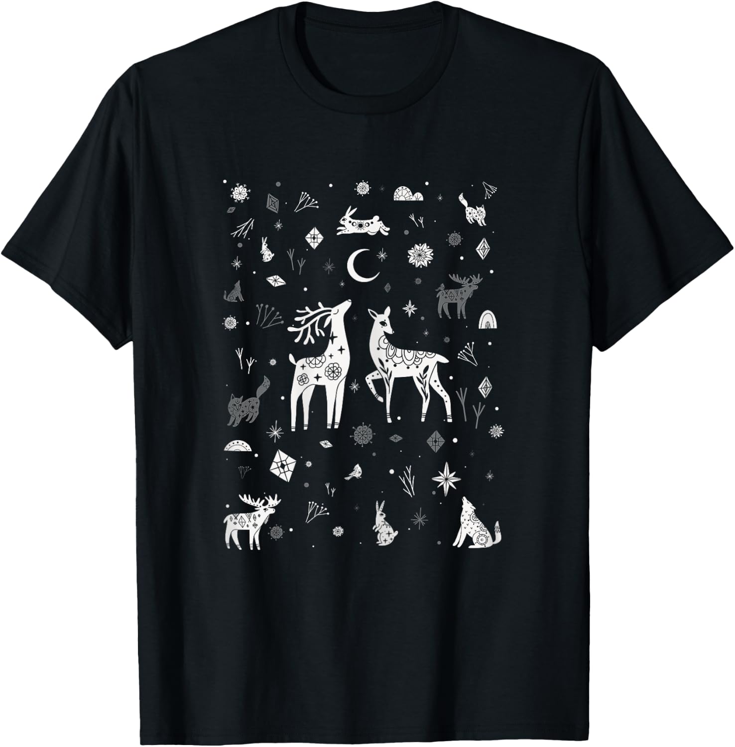 Winter Solstice Christmas woodland creatures Doodle T-Shirt - T-Shirt | Black