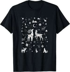 Winter Solstice Christmas woodland creatures Doodle T-Shirt - T-Shirt | Black