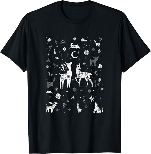 Winter Solstice Christmas woodland creatures Doodle T-Shirt - T-Shirt | Black