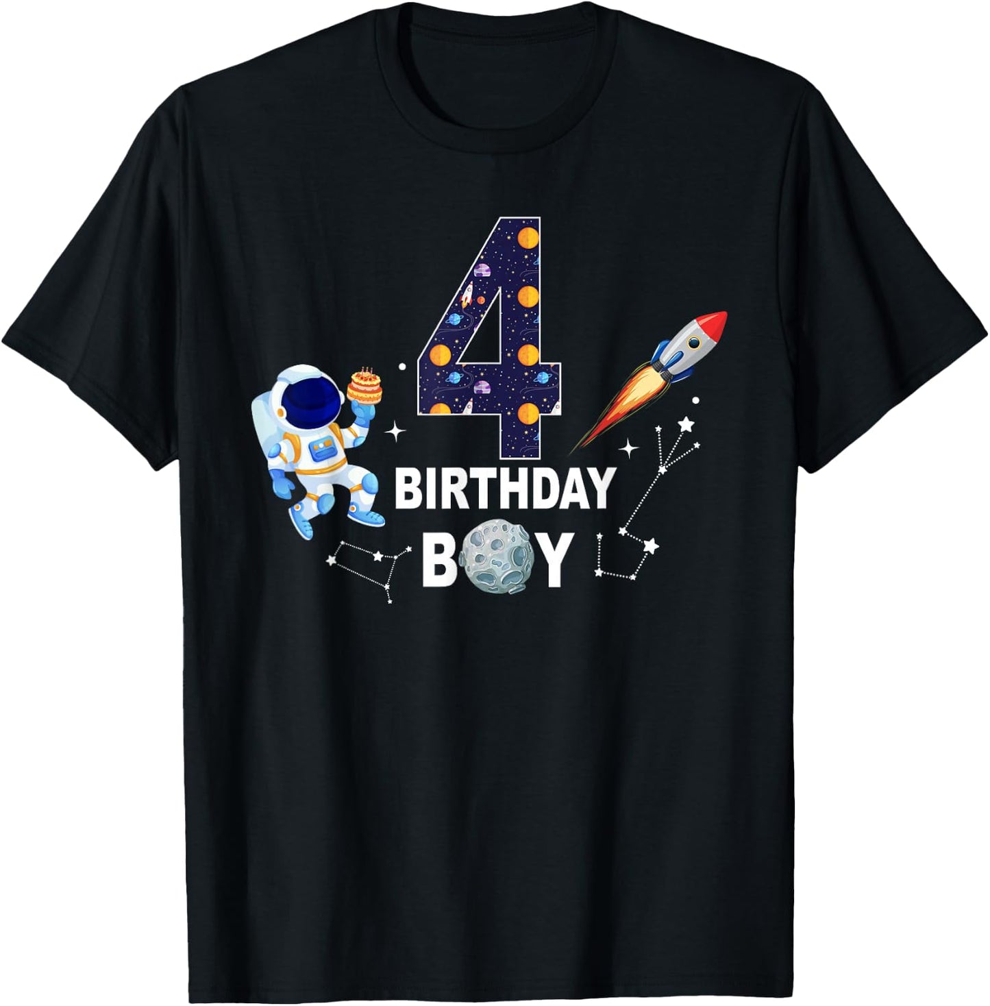 4 Years Old Birthday Boy Space Astronaut 4th Birthday T-Shirt - T-Shirt | Black