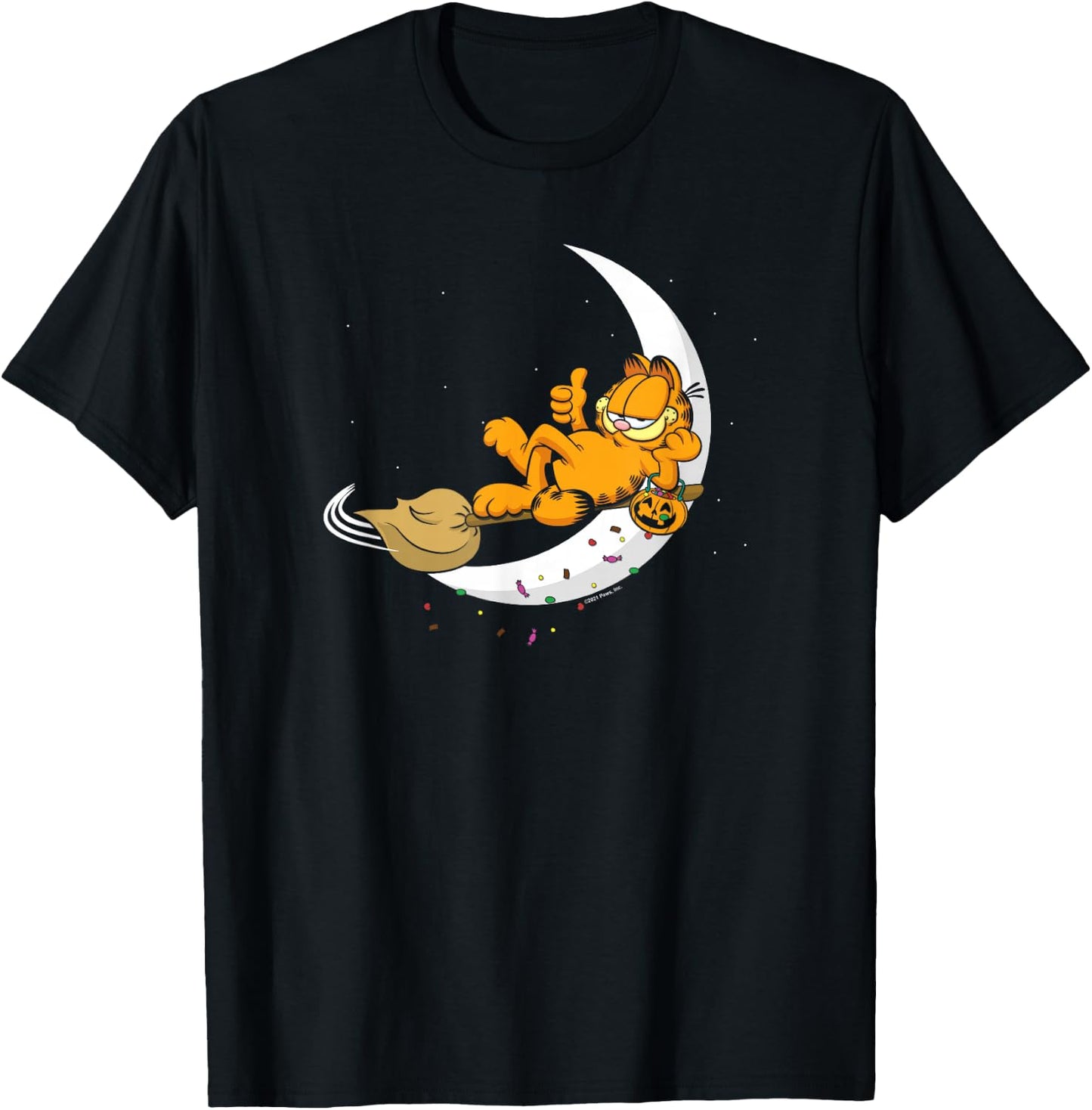 Garfield Halloween Crescent Moon Broom Riding Garfield T-Shirt - T-Shirt | Black