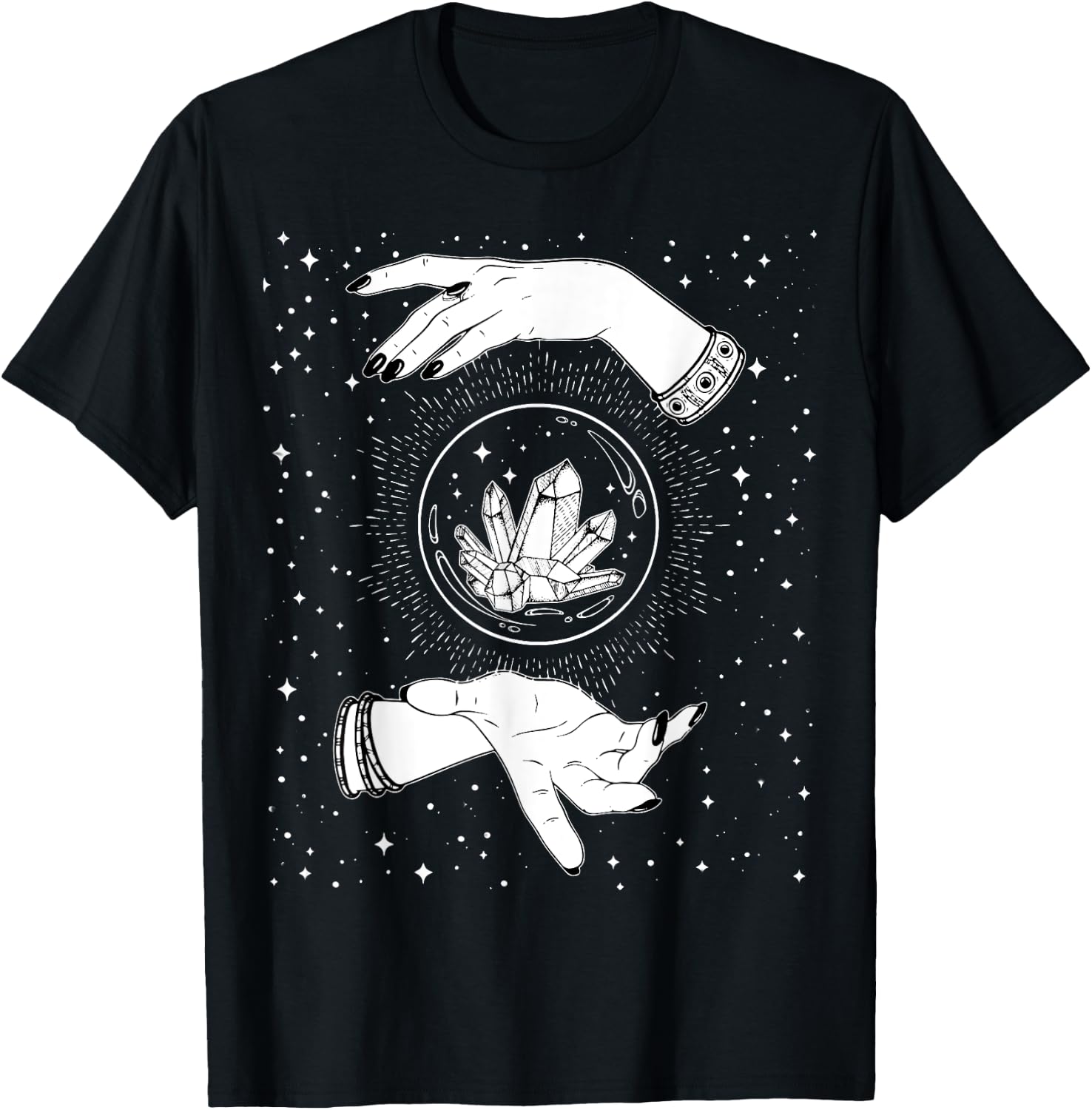 Retro Vintage Witchy Crystal Ball Witch Hands & Stars Black T-Shirt - T-Shirt | Black