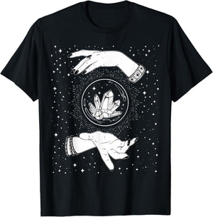 Retro Vintage Witchy Crystal Ball Witch Hands & Stars Black T-Shirt - T-Shirt | Black