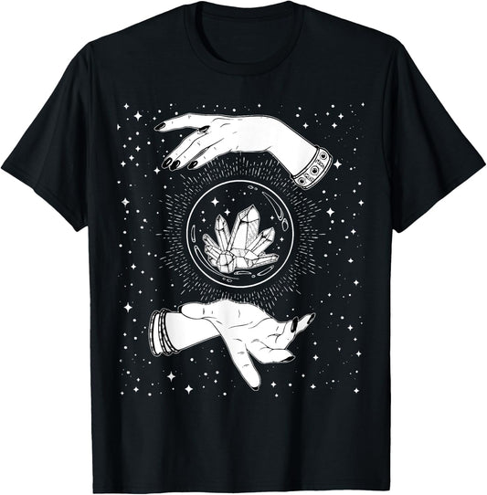 Retro Vintage Witchy Crystal Ball Witch Hands & Stars Black T-Shirt - T-Shirt | Black