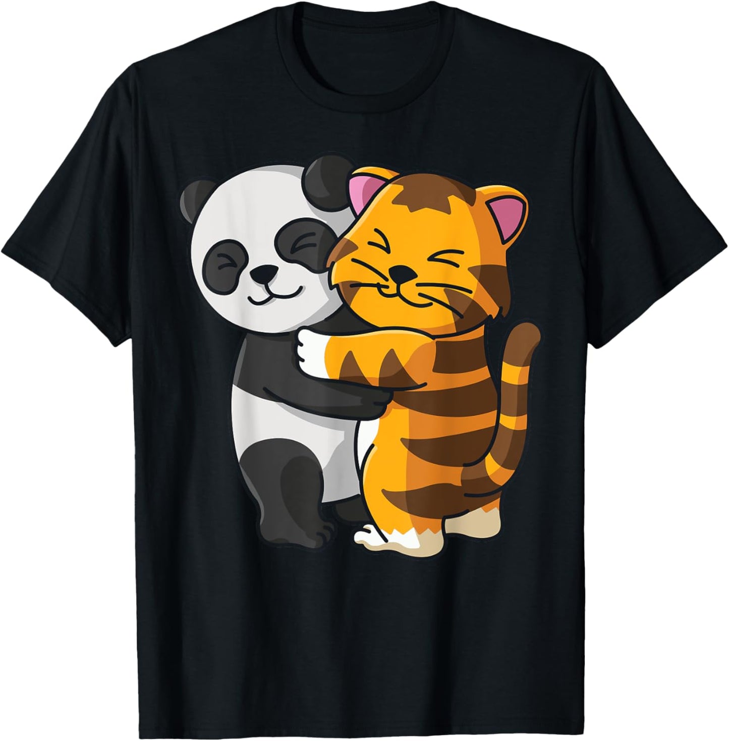 Panda and Tabby Cat Tiger cute Hug Cuddle Animals Cuddling Women Kids T-Shirt - T-Shirt | Black