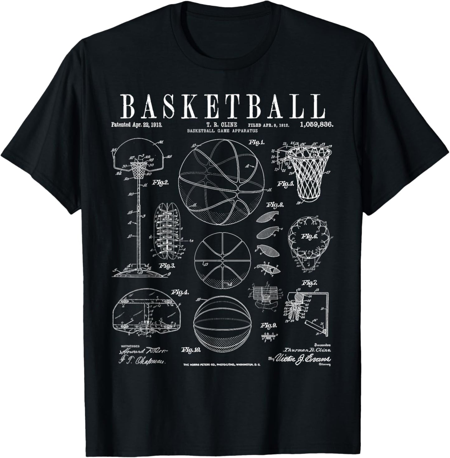 Basketball Old Vintage Patent Drawing Print T-Shirt - T-Shirt | Black