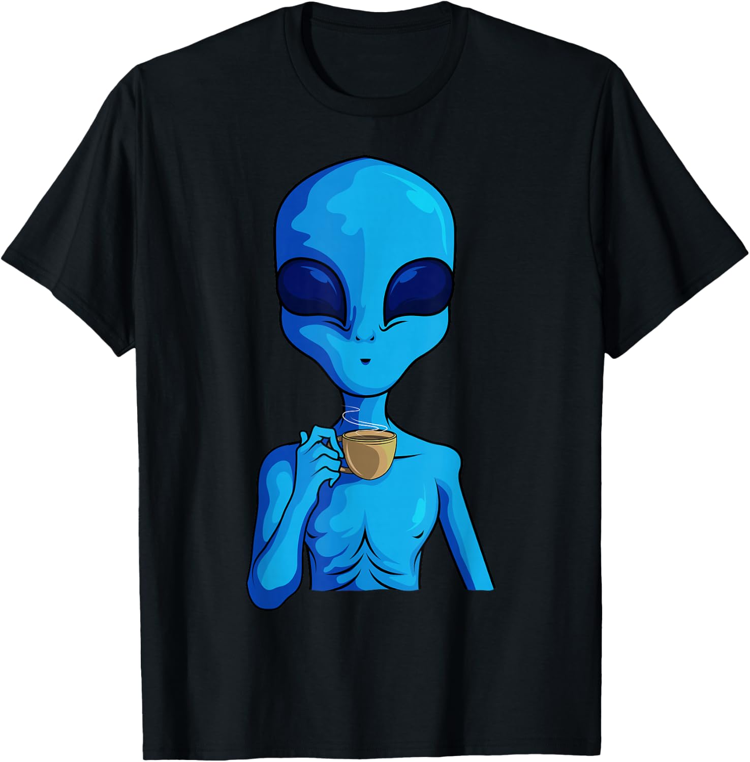 Funny Coffee Drinking Extraterrestrial Space Blue Alien T-Shirt - T-Shirt | Black