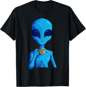Funny Coffee Drinking Extraterrestrial Space Blue Alien T-Shirt - T-Shirt | Black