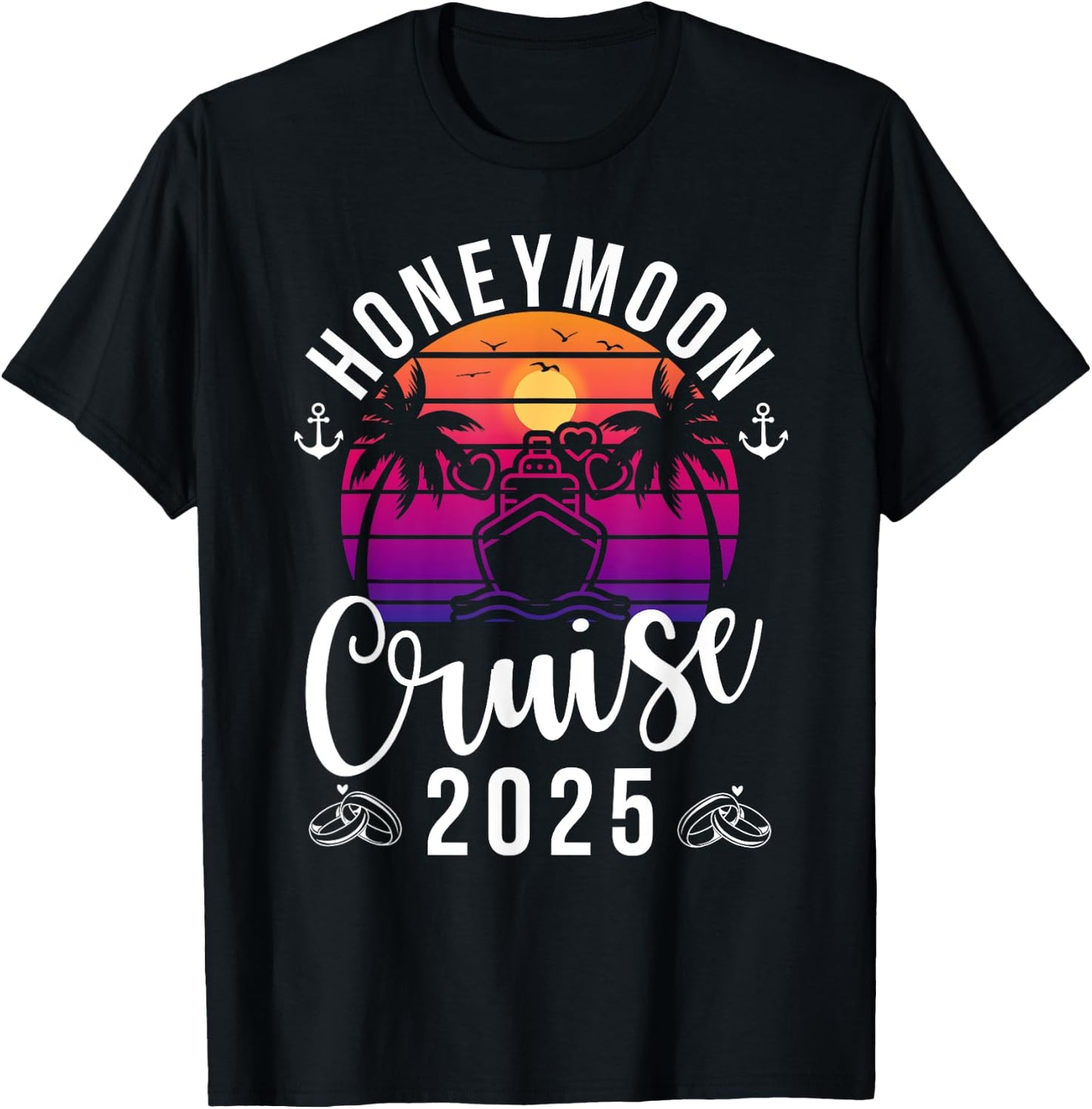 Honeymoon Cruise 2025 , Adult, Short Sleeve, Black, X-Small, , Tropical, Retro, Honeymoon, Couples, Anniversary, Travelers T-Shirt - T-Shirt | Black