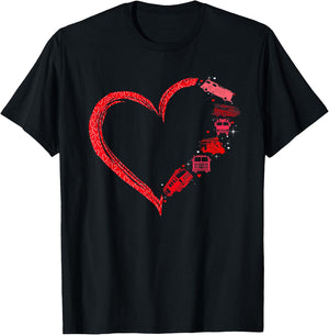 Firefighter Heart Matching Fire Trucks Design Valentines Day T-Shirt - T-Shirt | Black