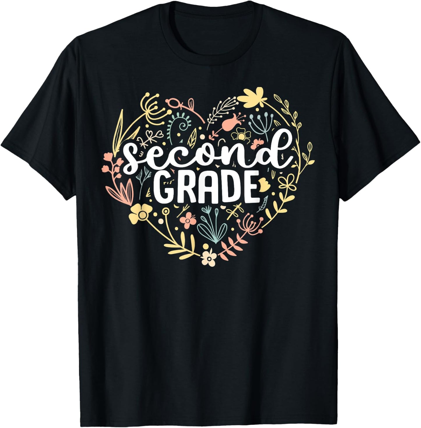 2nd Second Grade Floral Heart Back To School Teacher Girls T-Shirt - T-Shirt | Black
