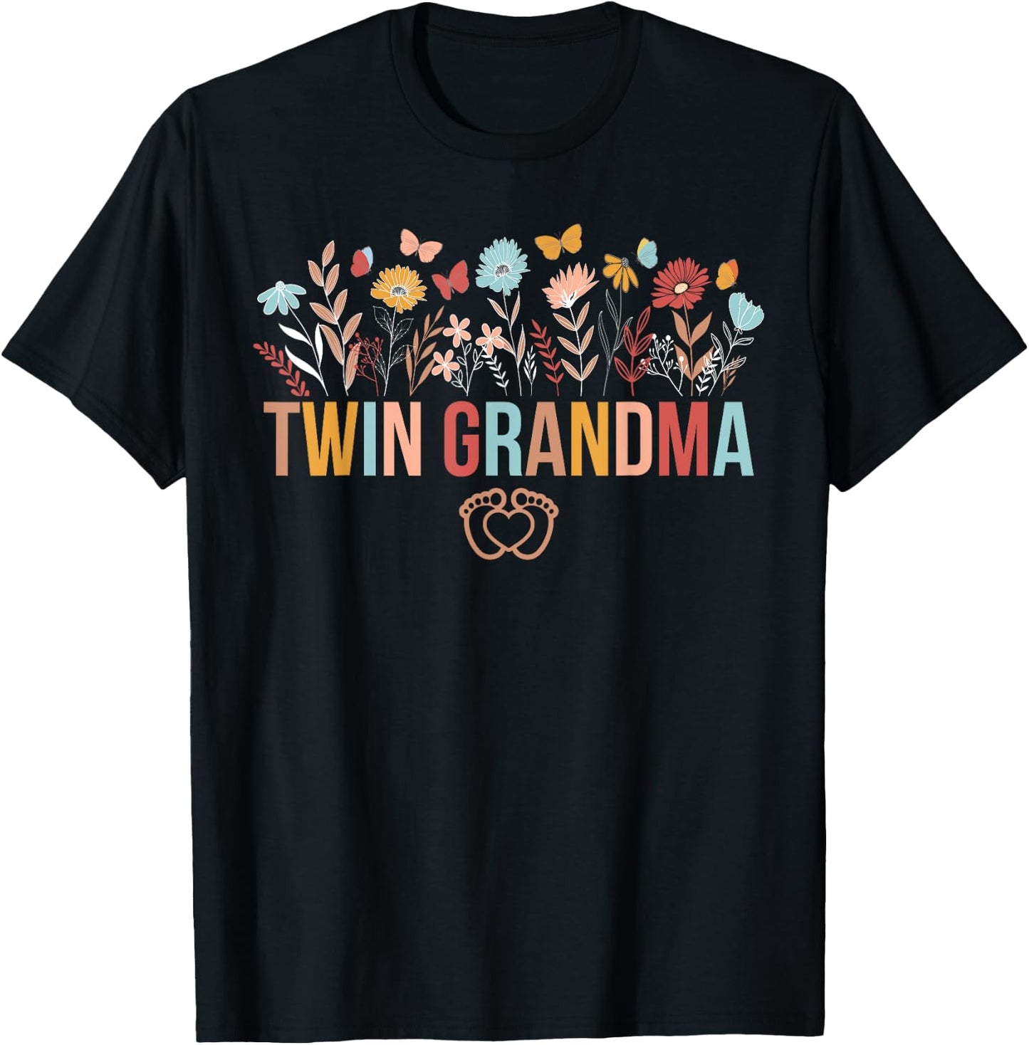 Twin Grandma Flowers Twin Grandmother Of Twins T-Shirt - T-Shirt | Black