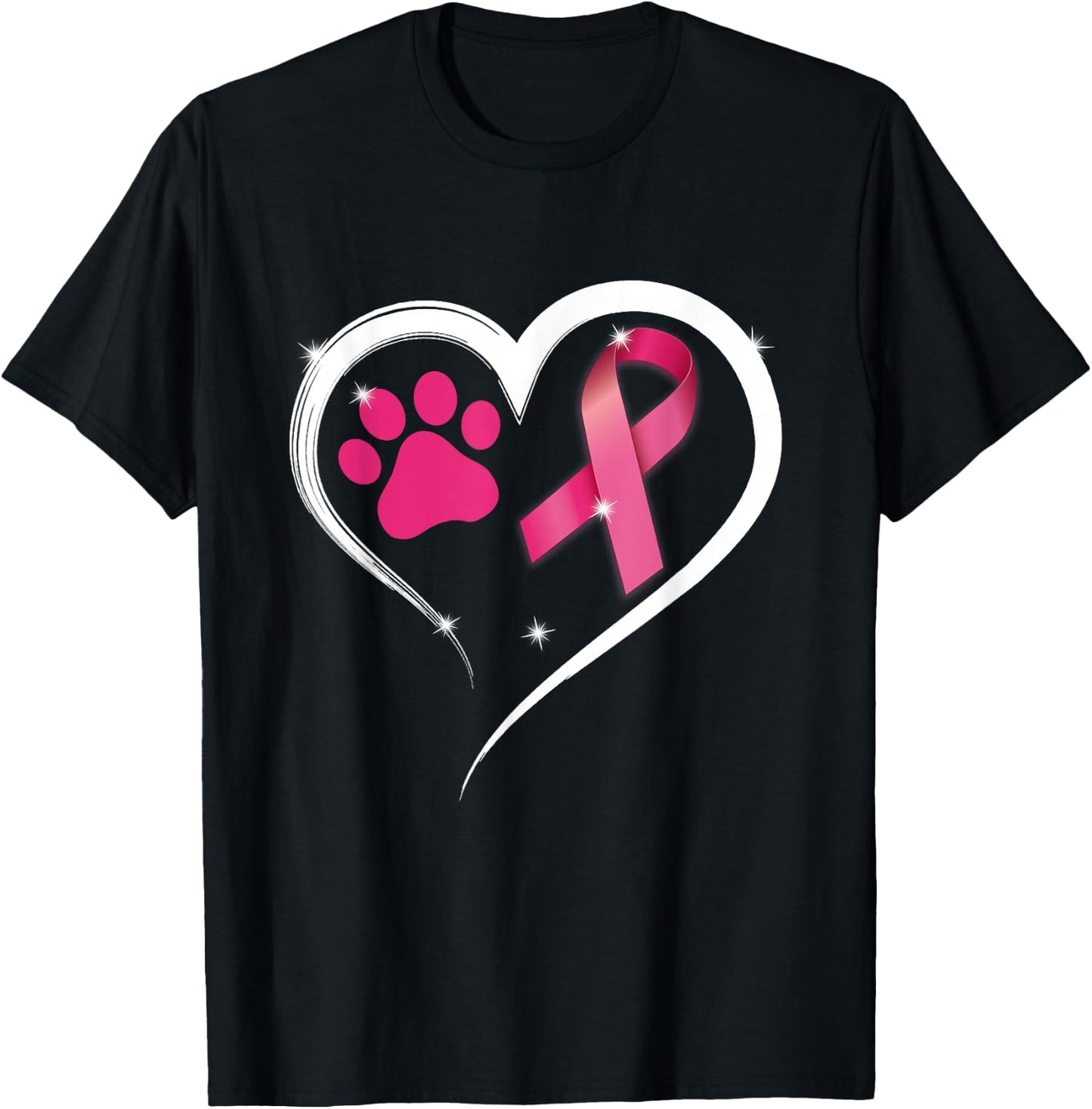 Heart Dog Paw Print Pink Ribbon Breast Cancer Awareness T-Shirt - T-Shirt | Black