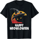 Happy Meowloween! Funny Cat Witch's Hat Halloween 80s Sunset T-Shirt - T-Shirt | Black