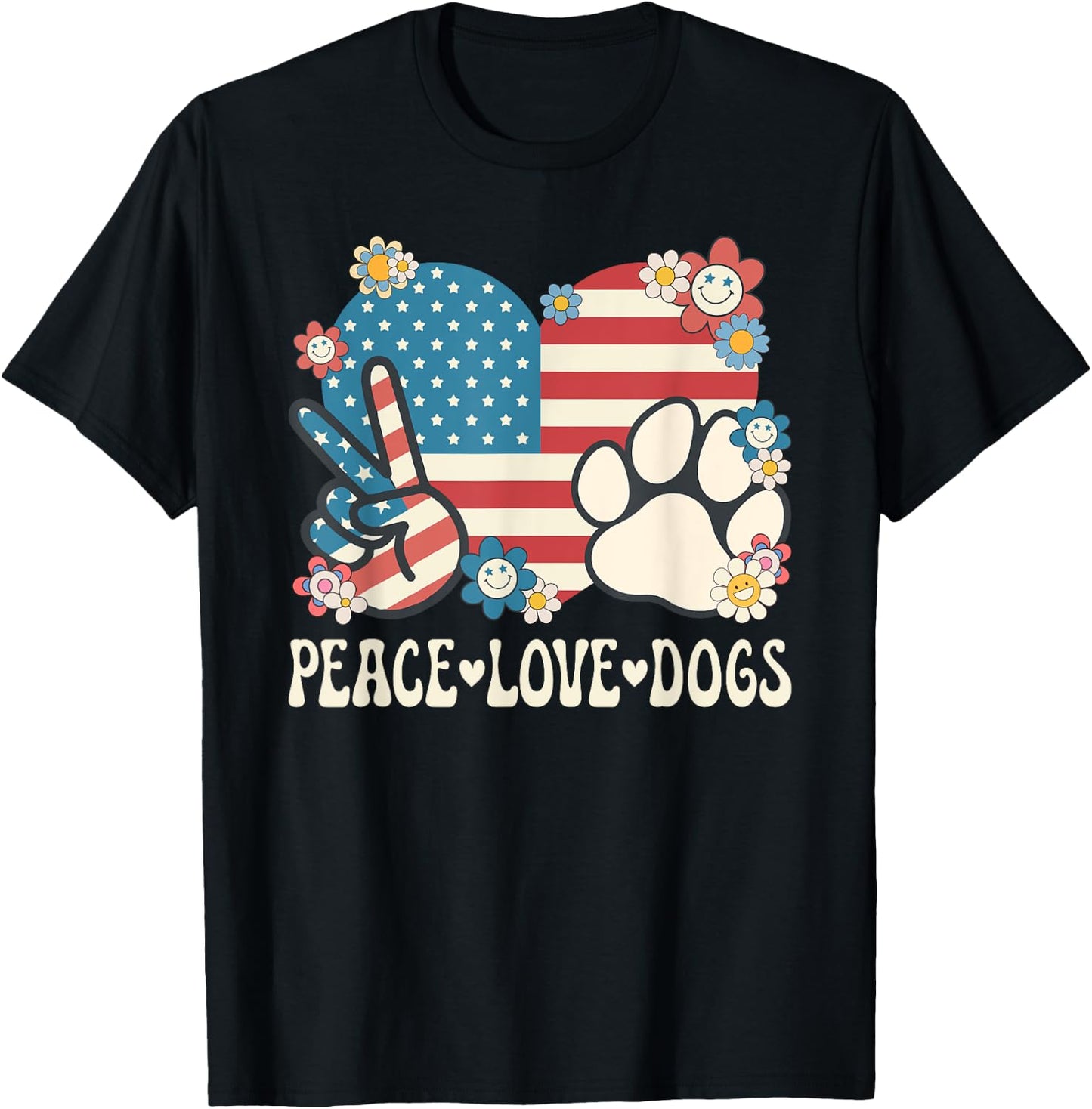 Peace Love Dogs American Flag Patriotic Dog Lover Retro Dog T-Shirt - T-Shirt | Black
