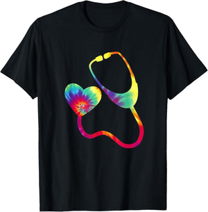 Doctor or Nurse Stethoscope Colorful Rainbow Tie Dye T-Shirt - T-Shirt | Black