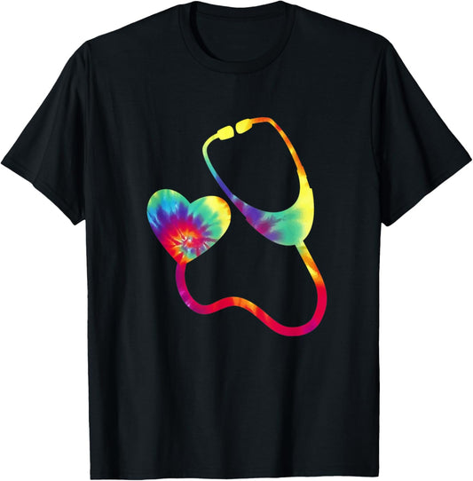 Doctor or Nurse Stethoscope Colorful Rainbow Tie Dye T-Shirt - T-Shirt | Black