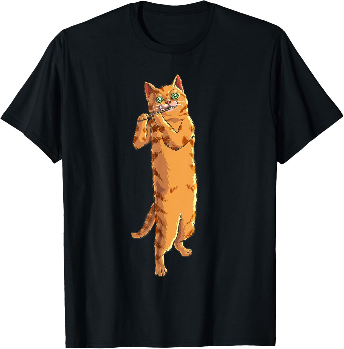 Funny Cat Playing Piccolo | Cool Animal Musician Love Gift Women Girls Kids T-Shirt - T-Shirt | Black