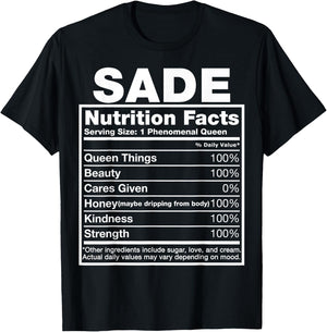 Sade Nutrition Facts Sade Name Birthday Shirt T-Shirt - T-Shirt | Black