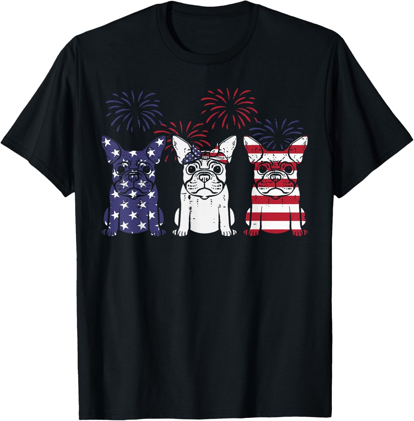 3 US Flag French Bulldogs 4th Of July Patriotic Frenchie Dog T-Shirt - T-Shirt | Black