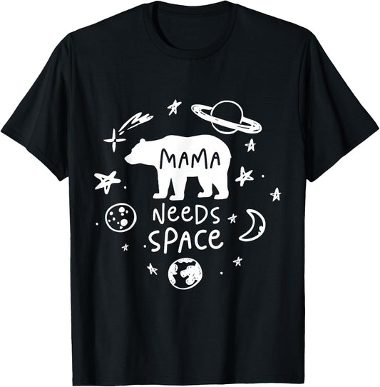 Mama Bear Needs Space Whimsical Doodle Planet Moon T-Shirt - T-Shirt | Black