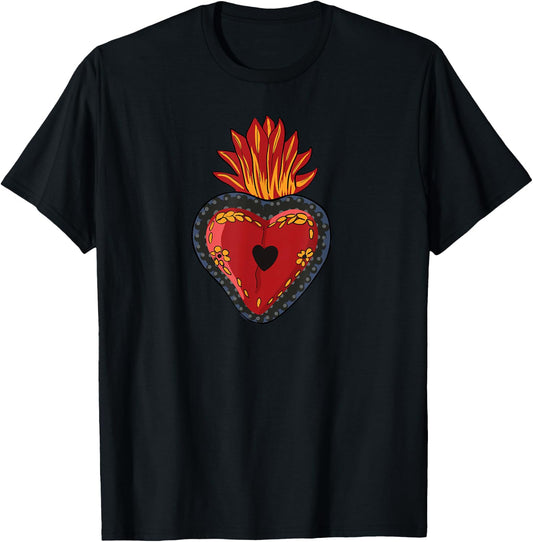 Flaming Sacred Heart Mexican Folk Art Corazon T-Shirt - T-Shirt | Black