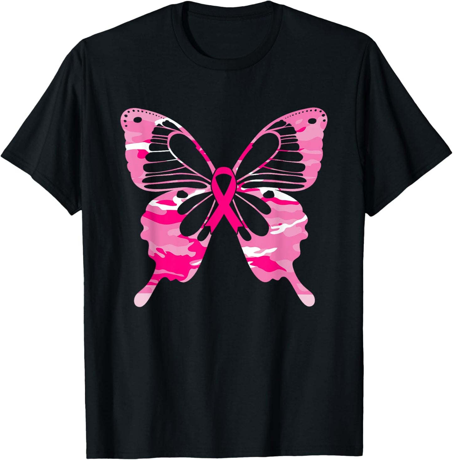 Camouflage Butterfly Pink Ribbon Breast Cancer Awareness T-Shirt - T-Shirt | Black