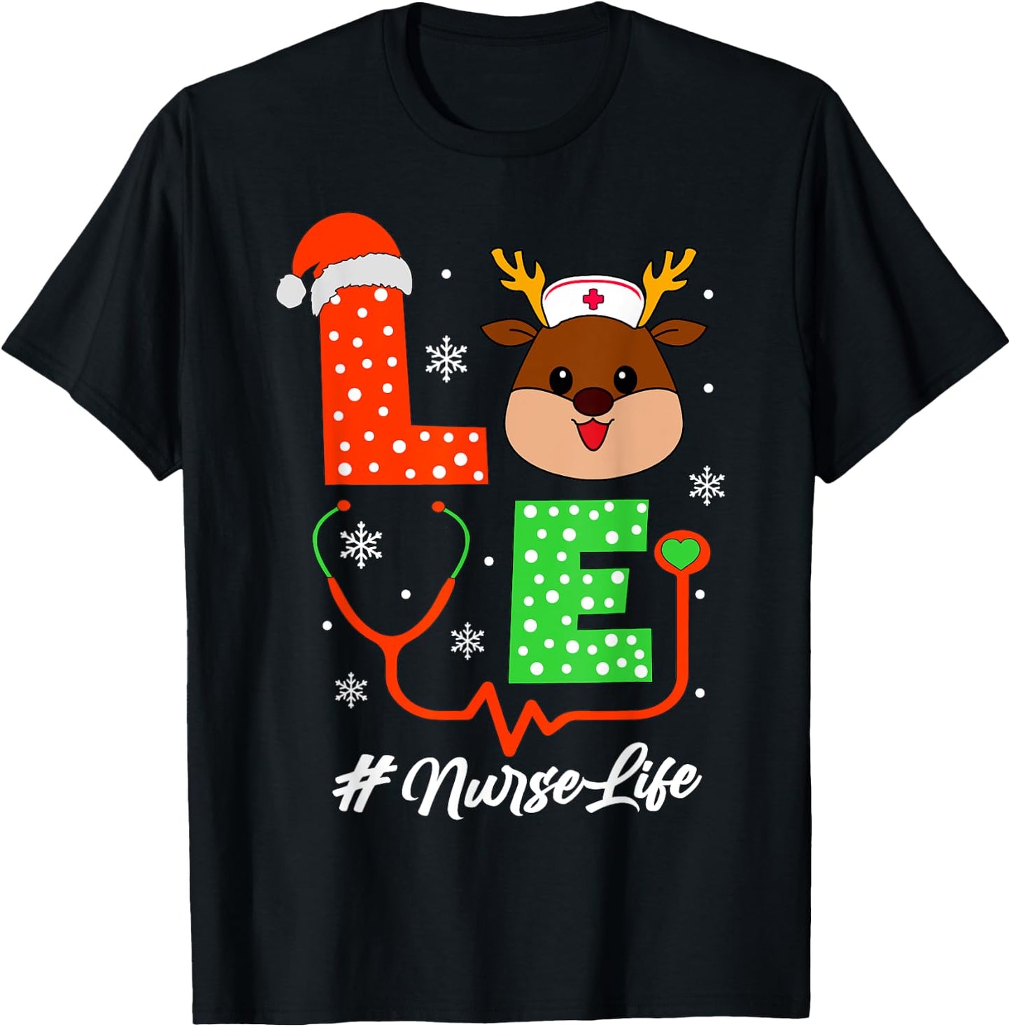 Christmas Nurse Scrub Tops Love Reindeer Nurse T-Shirt - T-Shirt | Black