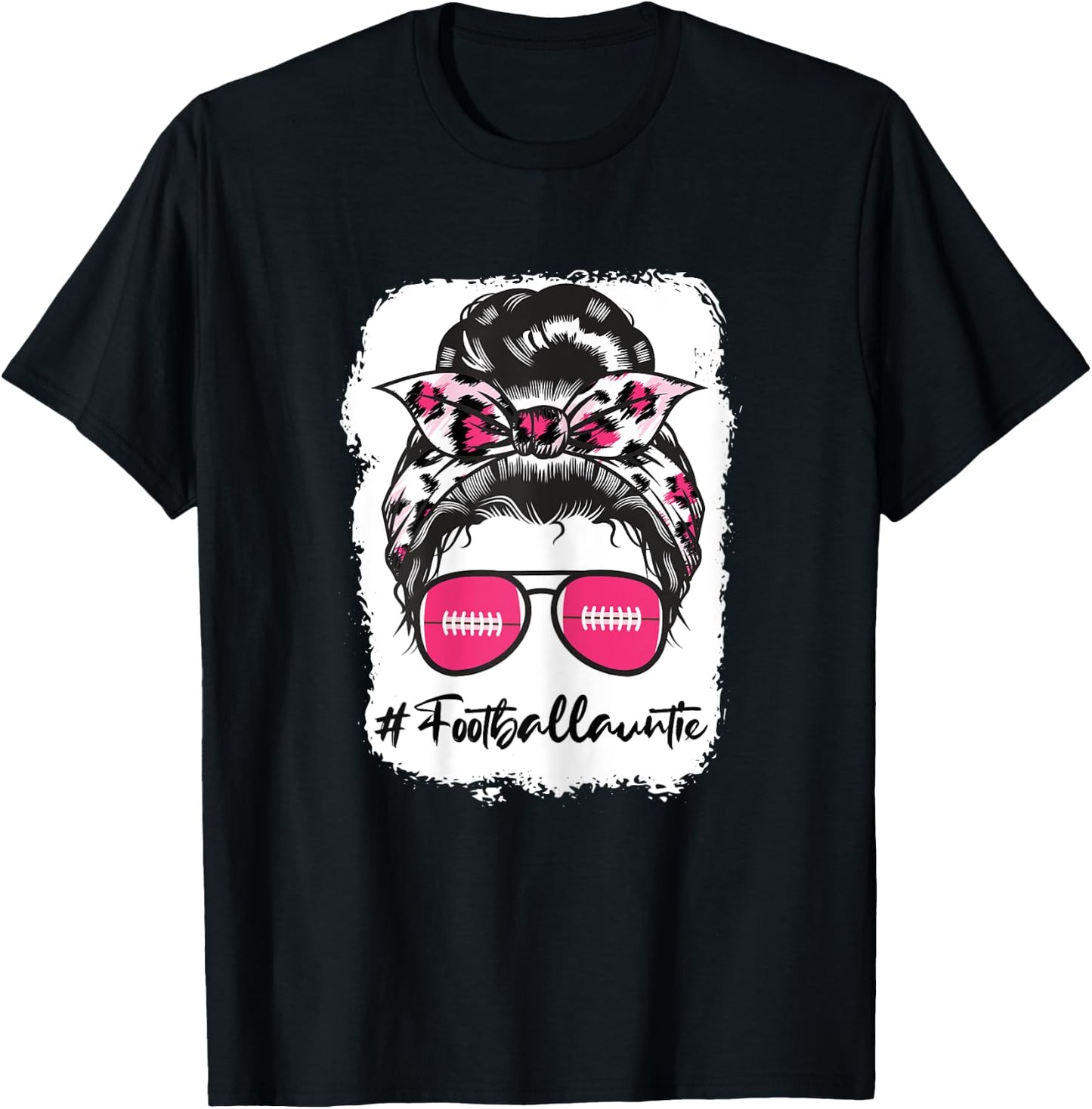 Bleached Football Auntie Pink Leopard Print Messy Bun T-Shirt - T-Shirt | Black