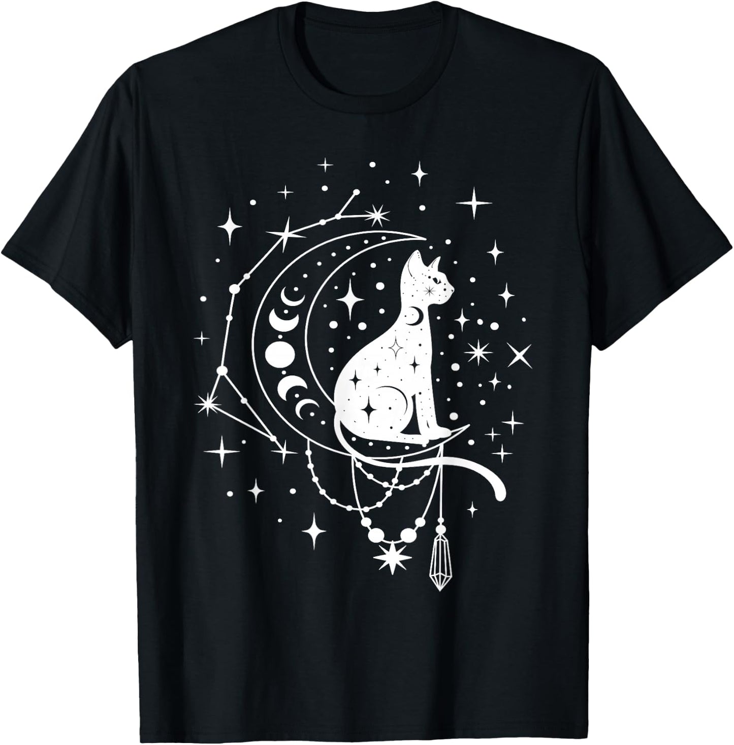 Celestial Cat, Crescent Moon, Star Constellation, Astrology T-Shirt - T-Shirt | Black