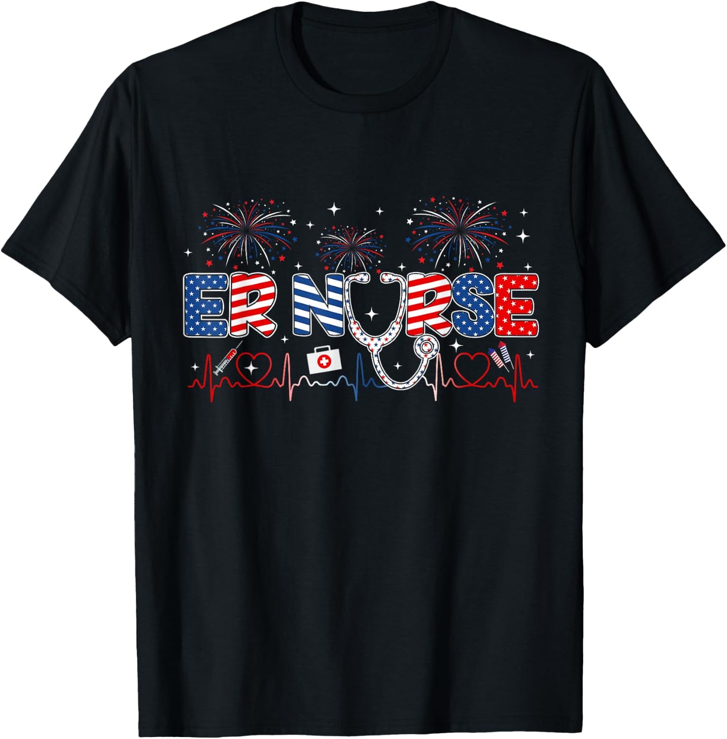 ER Nurse 4th of July American Flag Patriotic USA Stethoscope T-Shirt - T-Shirt | Black