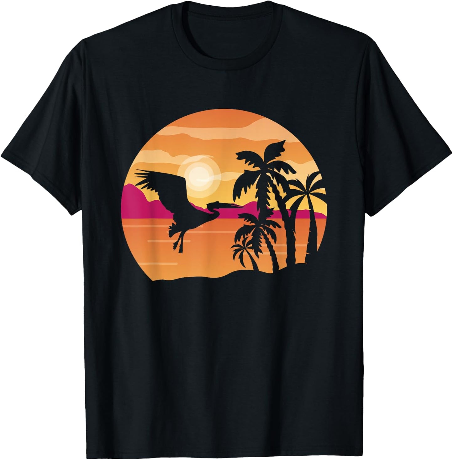 Pelican Bird Palm Tree Tropical Bird Animal Summer Sunrise T-Shirt - T-Shirt | Black