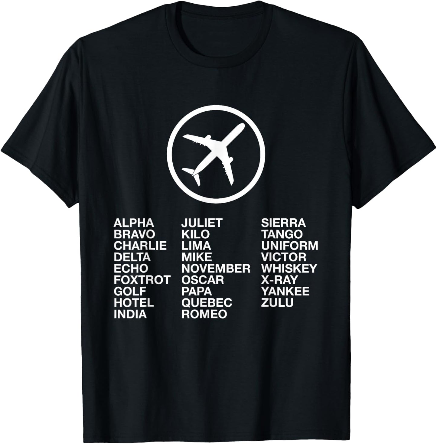 Phonetic Alphabet with Airplane T-Shirt - T-Shirt | Black