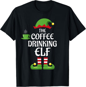 Coffee Drinking Elf Family Matching Group Christmas T-Shirt - T-Shirt | Black
