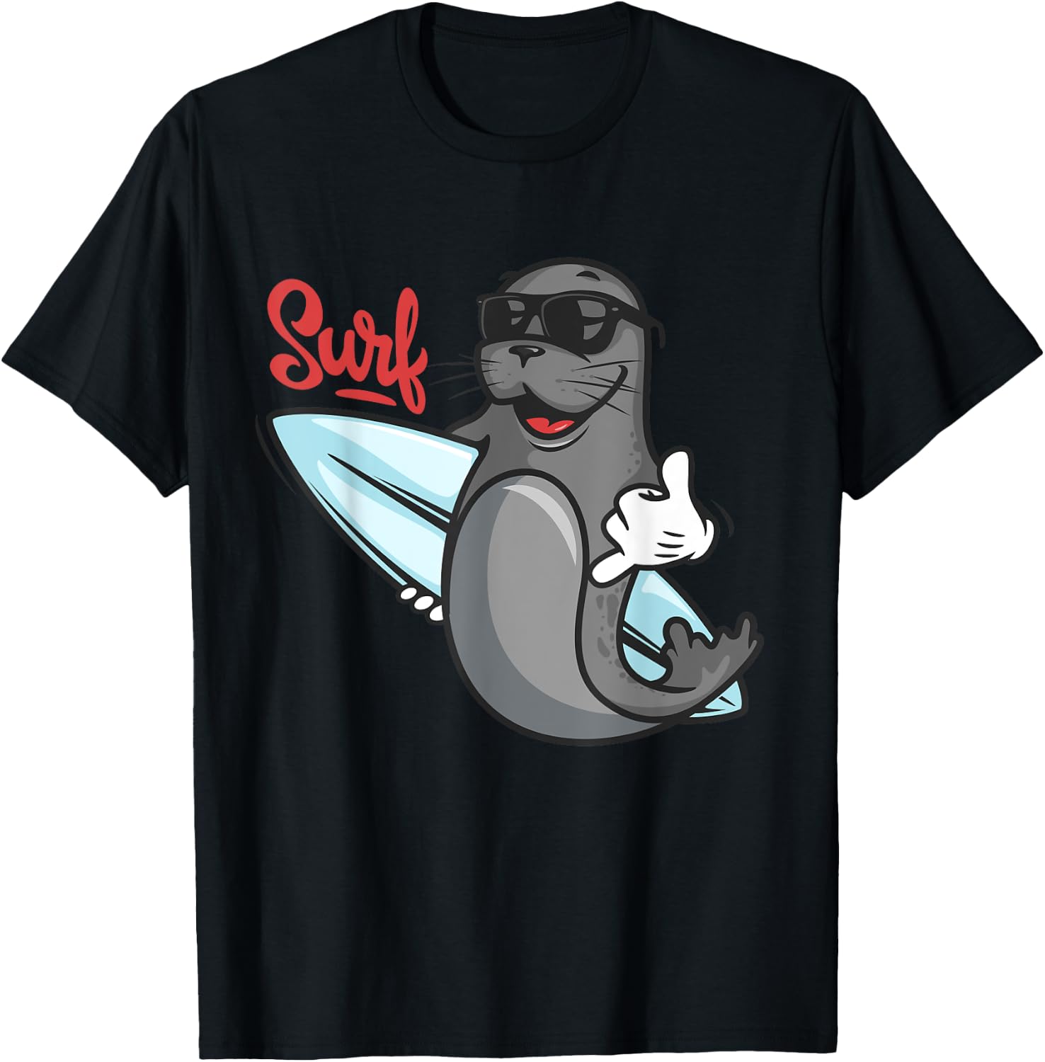 Funny Surfing Shirt. Surf Seal Catroon Hang Ten, Cool T-Shirt - T-Shirt | Black